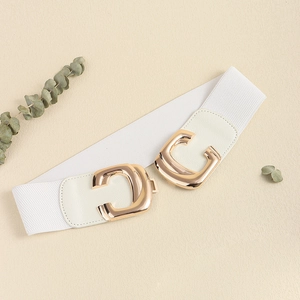 Detail of white elastic waist belt with a golden C-shaped metal buckle and leather trim