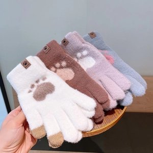 Winter Warm Knitted Gloves For Men Women Cute Bear Paw Pattern Touch Screen Thickened Fleece Lined Five Finger Thermal Mittens