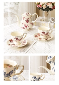 Détail d'un service à thé vintage en céramique avec bordures dorées et motifs floraux