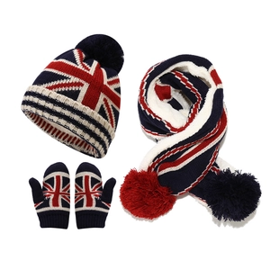 Kids winter set with Union Jack knit hat, scarf and gloves featuring pompom details