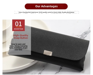 Detail of black lychee grain leather glasses case with metal snap button and flap closure