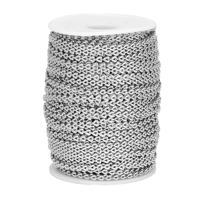 Close-up of 4mm silver stainless steel heart chain neatly wound on a white spool for DIY