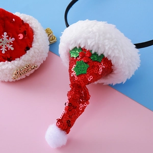 Serre-tête bonnet de Noël rouge à paillettes avec texte Joyeux Noël et détails de houx