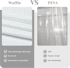 Comparison showing soft washable waffle fabric versus standard plastic PEVA shower liners