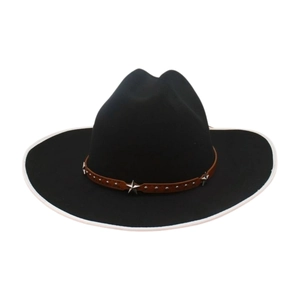 Chapeau fedora en laine noire avec bordure blanche et bandeau cuir étoilé argent