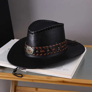 Vintage black PU leather cowboy hat with braided strap and adjustable chin cord