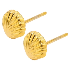 Polished gold seashell stud earrings in 304 stainless steel with radial texture