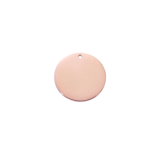 Close-up of a polished rose gold stainless steel round charm with a pre-drilled hole
