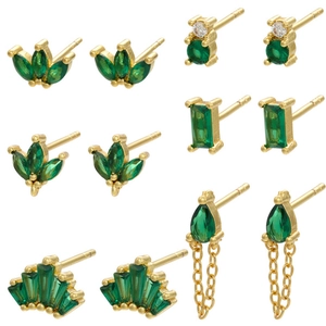Boucles d'Oreilles Géométriques à Gland en Zirconia Vert pour Femmes Plaqué Or Cuivre Micro Incrusté avec Tige en Argent Sterling 925