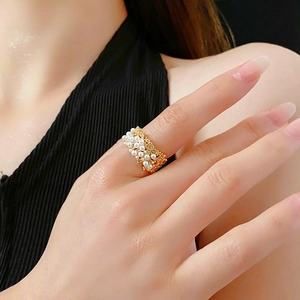 Anello Perla Artificial Rame Zirconia Cubica Design Aperto Regolabile Gioiello Da Dito Moda Lusso Per Donna