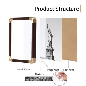 Exploded view of a dark wood-style frame with metal corners and plexiglass panel