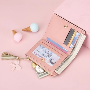 Pink short faux leather wallet for women with tassel bow and multi-card slots design