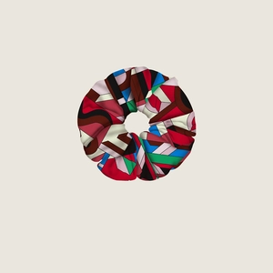 Chic twill silk scrunchie with colorful abstract geometric patterns for women ponytail