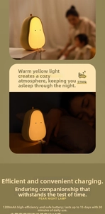 Detail of 2200k warm yellow pear night light showing 1200mAh battery and soft silicone
