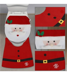 Detail of Santa Claus toilet seat cover and rug showing embroidery and stitching