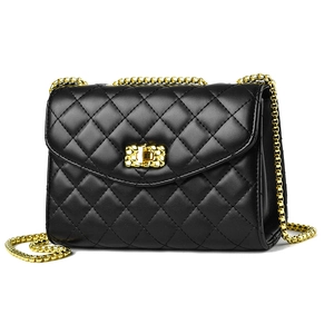 Classic black quilted leather crossbody bag with elegant gold chain and square turn-lock