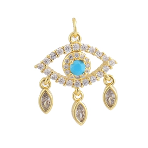 Detail of 18K gold plated evil eye pendant with blue turquoise and zircons