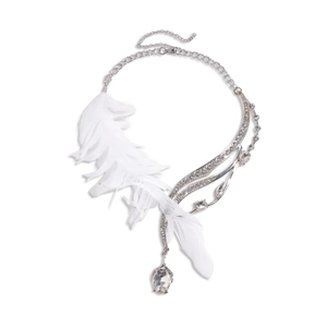 Asymmetric feather necklace with sparkling crystals and a large teardrop pendant
