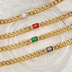 Vintage Stainless Steel 18K Gold Plated Cuban Link Chain Necklace With Square Zirconia Pendant For Women Fashion Jewelry