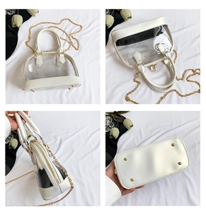 Detailed views of shell-shaped PVC handbag with white PU leather trim and gold chain
