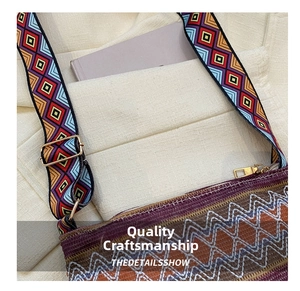 Detail of woven crossbody bag with colorful diamond pattern strap and gold zipper