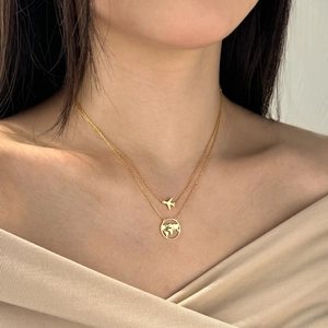 Minimalist S925 sterling silver layered necklace with gold airplane and globe pendants