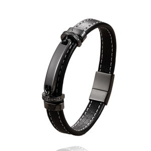 Classic black braided leather bracelet for men with polished stainless steel clasp and crystals