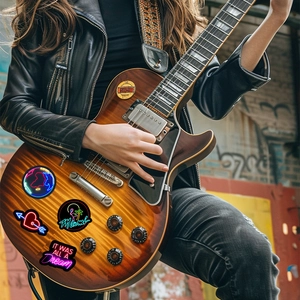 Neon style graffiti stickers for guitar decor featuring earth, heart and Miami patterns