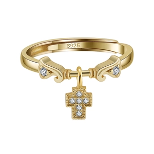 925 Sterling Silver Cross Adjustable Ring For Women Zirconia Inlaid Silver Gold Plated Religious Jewelry Dainty Finger Ring