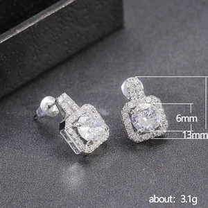 Elegant square halo stud earrings with 6mm cubic zirconia in silver finish