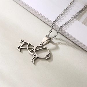 Detailed close-up of a silver hollow geometric cat pendant on a stainless steel chain