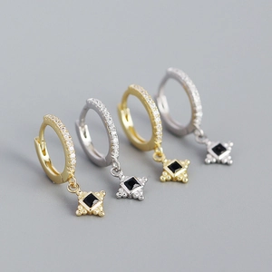 Luxurious S925 silver hoop earrings with black square stone in gold and silver finish