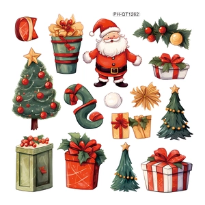 Christmas stickers set with Santa Claus, decorated trees, and colorful gift boxes