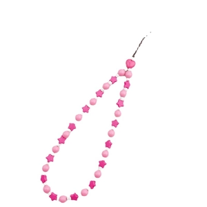 Handmade pink star and heart beaded phone charm with round acrylic beads on white background