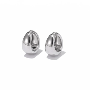 Minimalist silver teardrop hoop earrings with high-polish finish on white background