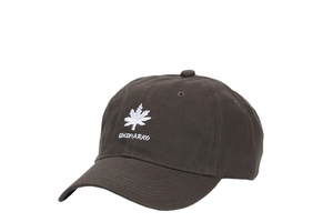 Detailed close-up of maple leaf and GOLD PARK embroidery on brown cotton baseball cap