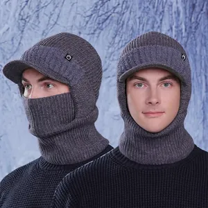Winter men's knitted balaclava with visor and neck warmer in dark grey fleece lining