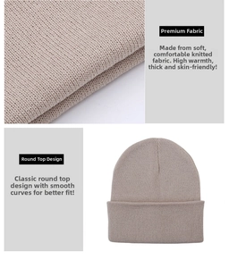 Dettaglio macro della spessa trama in maglia beige e del polsino elastico a coste del cappello