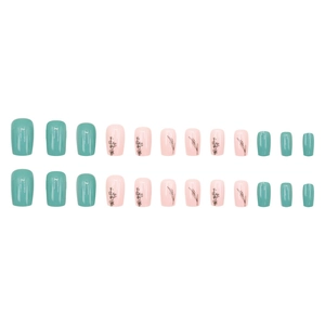 Faux ongles courts carrés vert menthe et rose avec motifs floraux de muguet élégants