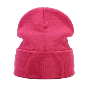 Classic rose pink knitted beanie hat with wide fold cuff for autumn and winter warmth