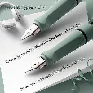 Coffret stylo plume vert Morandi avec plumes EF et F sur un bureau de style minimaliste