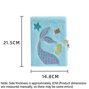 Cute A5 mermaid embroidered plush notebook with lock and soft blue faux fur cover