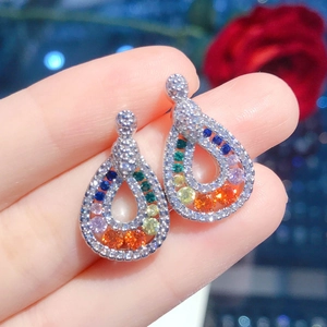Rainbow pear-shaped teardrop earrings with colorful tourmaline and halo diamonds