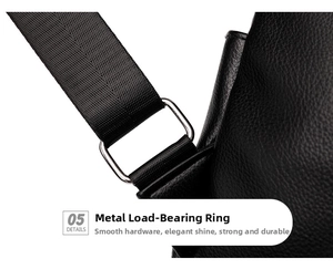 Detail of silver rectangular metal hardware and litchi grain leather on black backpack