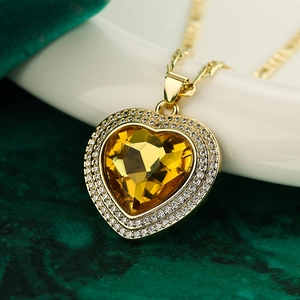 Luxury heart pendant necklace featuring yellow crystal and zircon set in gold plating