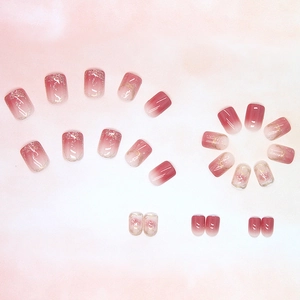 Glossy jelly pink gradient press-on nails with silver glitter and marble texture