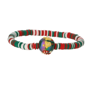 Bracelet de Noël perlé avec disques en argile rouge vert blanc et perle centrale fleurie