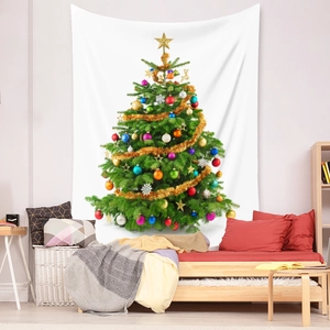 Detail of Christmas tree tapestry with colorful ornaments on high-quality polyester fabric