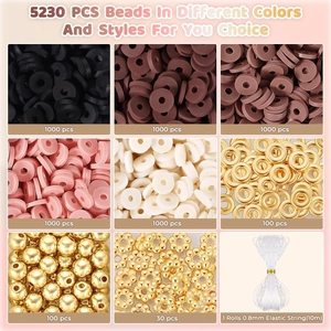 Detailed breakdown of 5230 pcs clay beads set including elastic string for DIY jewelry