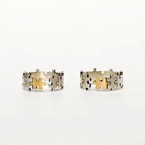 Creative Thai silver puzzle ring set with matte finish and gold accent for couples